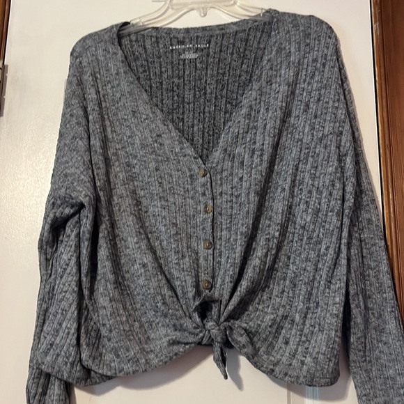 American Eagle Tie Front Top Ribbed Button Front Soft Grey size small - Picture 2 of 4